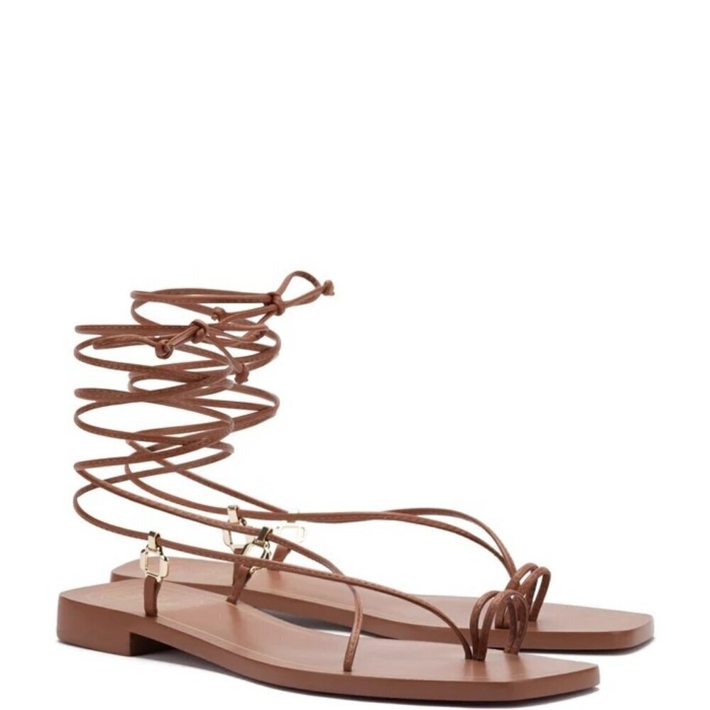 Larroude Portofino Flat Sandals in Caramel Leather 6 With Box Womens Wrap Slides - Picture 2 of 16